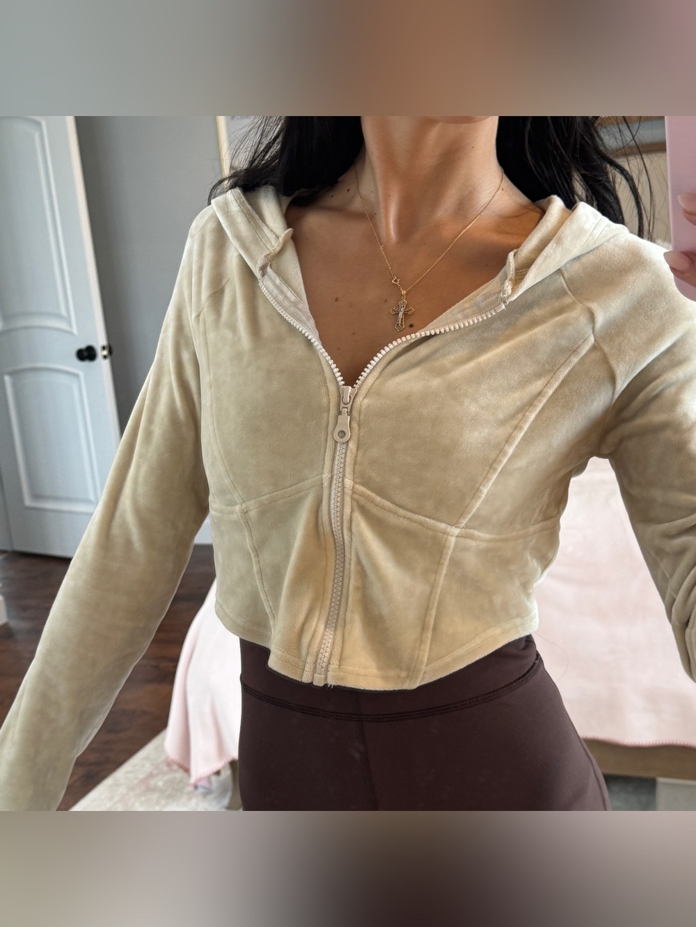 UO Out from Under Cropped Beige Velour Zip-Up Hoodie